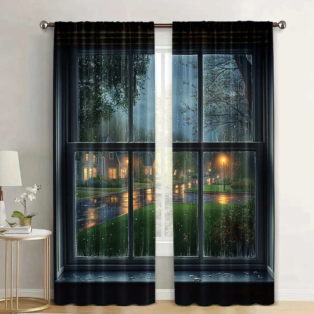 2pc,  Drapes Rainy scene outside Blackout  Polyester Festive Backdrops Suitable for With rod pockets, translucent polyester