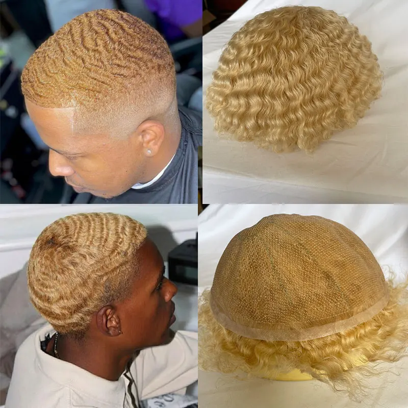Blonde Afro Curly Human Hair Toupee for Men Full Lace 360 Wave Breathable Wig 8-10mm 360 Degree Natural Look Men's Capillary Pro