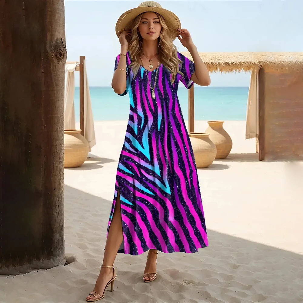 Colorful Streak Print Women's Dress Summer V-Neck Slit Short Sleeve Clothing Woman Elegant Dresses Fashion Oversize Streetwear