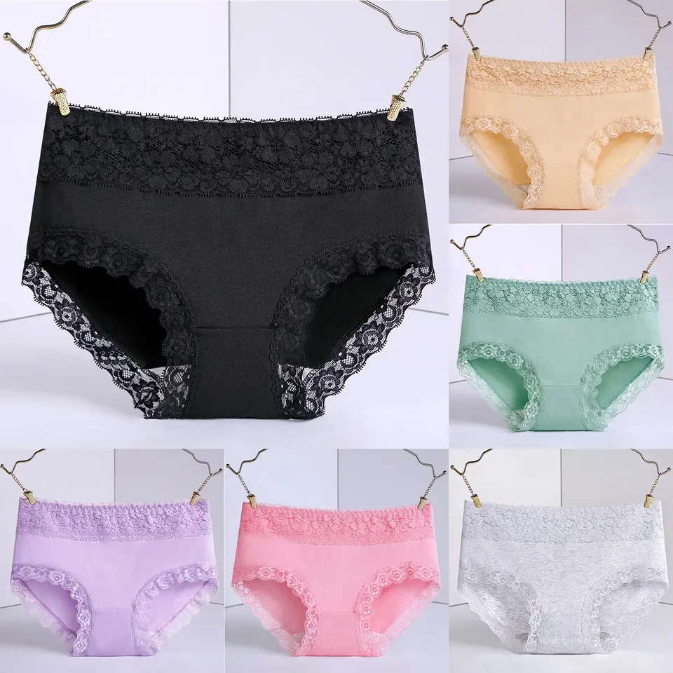 Sexy Lace Trim Panties For Women Mid Waist Seamless Underpants Solid Briefs Female Comfortable Lingerie Breathable Underwear