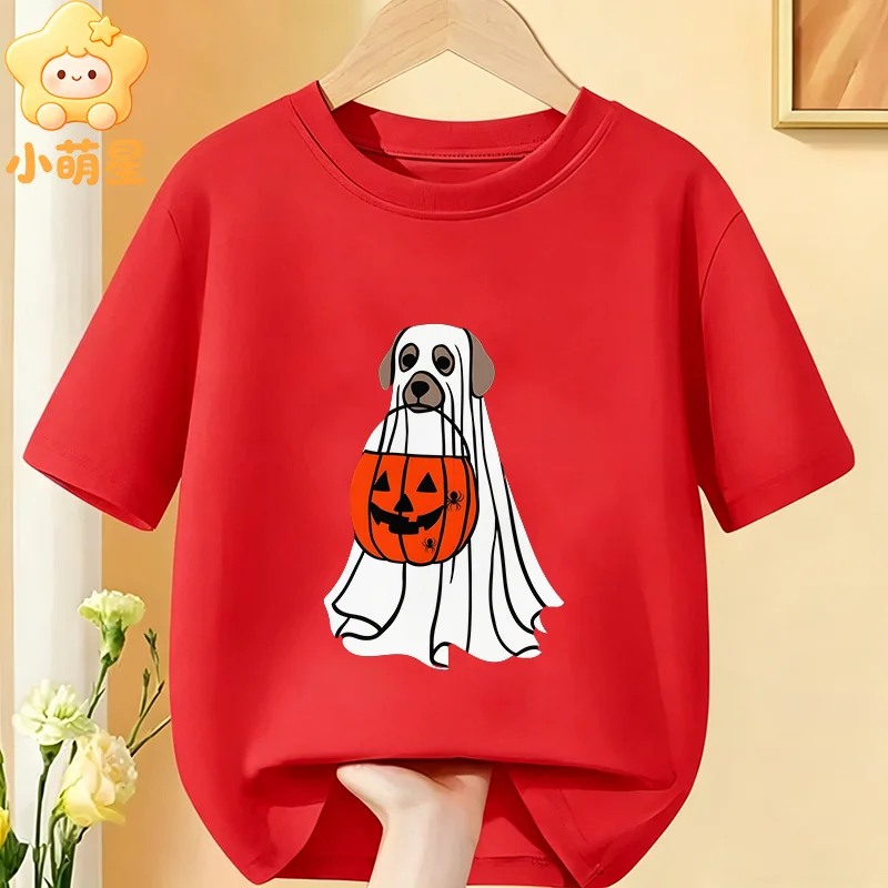 Kids Halloween T‑Shirt Lovely Dog Dressed As Ghost Pumpkin Treat Bucket Print Short Sleeve O‑Neck Cotton Boys Girls Children Tee