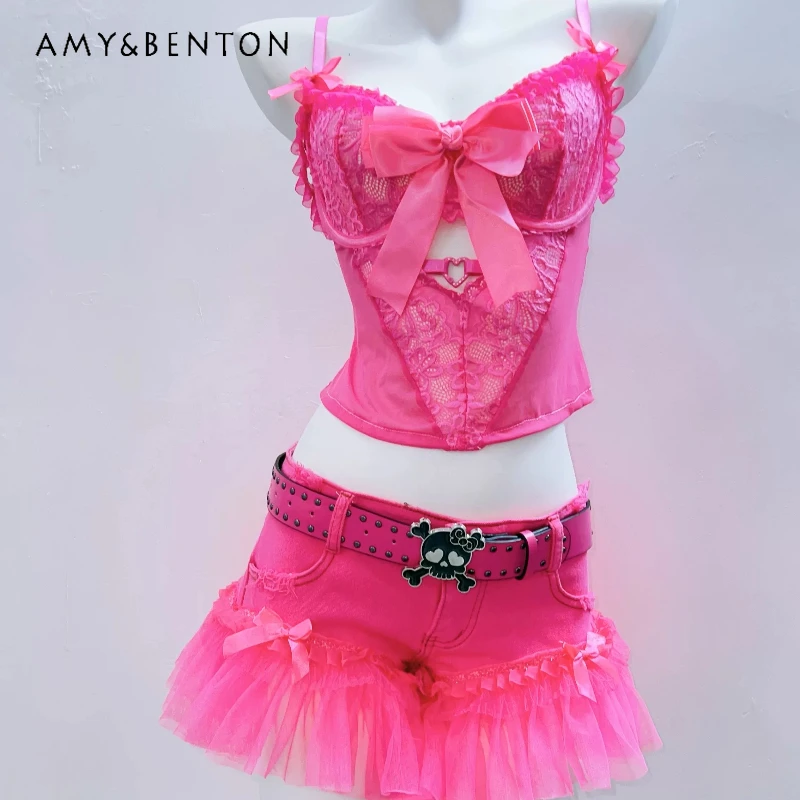 

Original Design Subculture Rose Red Bow Sleeveless Women's Sling Top 2026 Summer Lace Splicing Denim Mini Shorts Suits Ladies