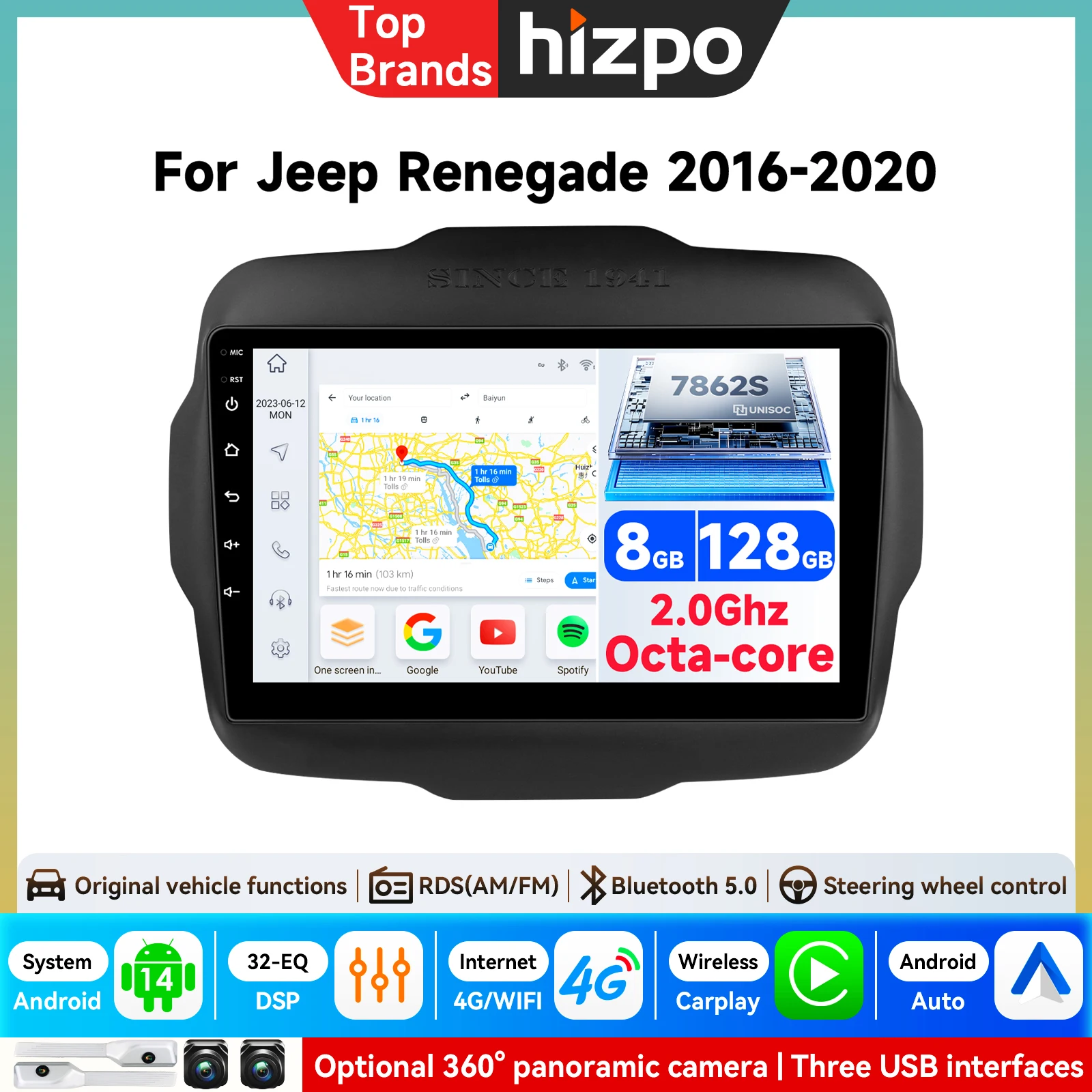 7862 für Jeep Renegade 2016-2020 Android Auto Carplay Autoradio Multimedia-Videoplayer GPS-Navigation WLAN Bluetooth Haupteinheit