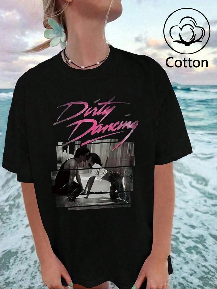 Vintage Kissing Couple 'Dirty Dance' Graphic Loose Fit Round Neck Summer Y2K Soft Cotton T-Shirt for Women Plus Size