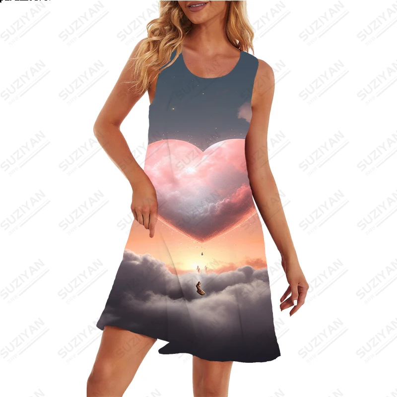 Summer Hot Dress Fashion Interesting Heart Printed Pattern Dress Female Comfortable Breathable Dress Casual Sleeveless Dress