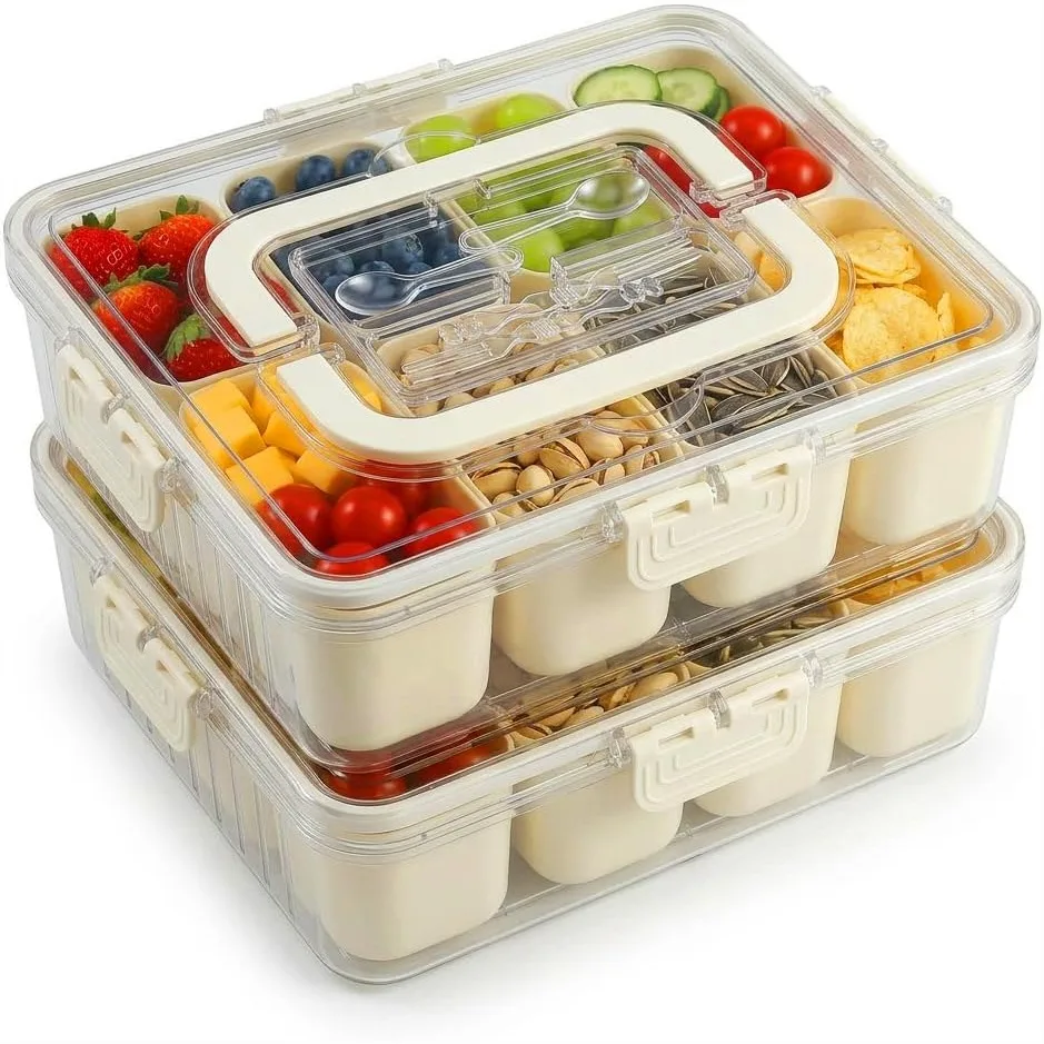 

Snackle Box Container 2 Pack, BPA-Free 8-Compartment Divided Serving Tray with Lid and Built-In Utensil Tray for Charcuterie
