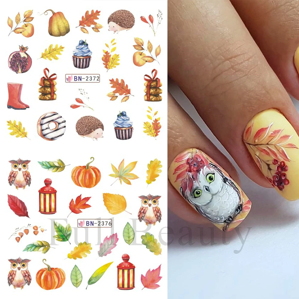 Maple Leaf Nail Stickers Gold Autumn Sliders For Nails Fox Owl Hedgehog Animals Water Decals Set Transfer Tattoos GLBN2365-2376