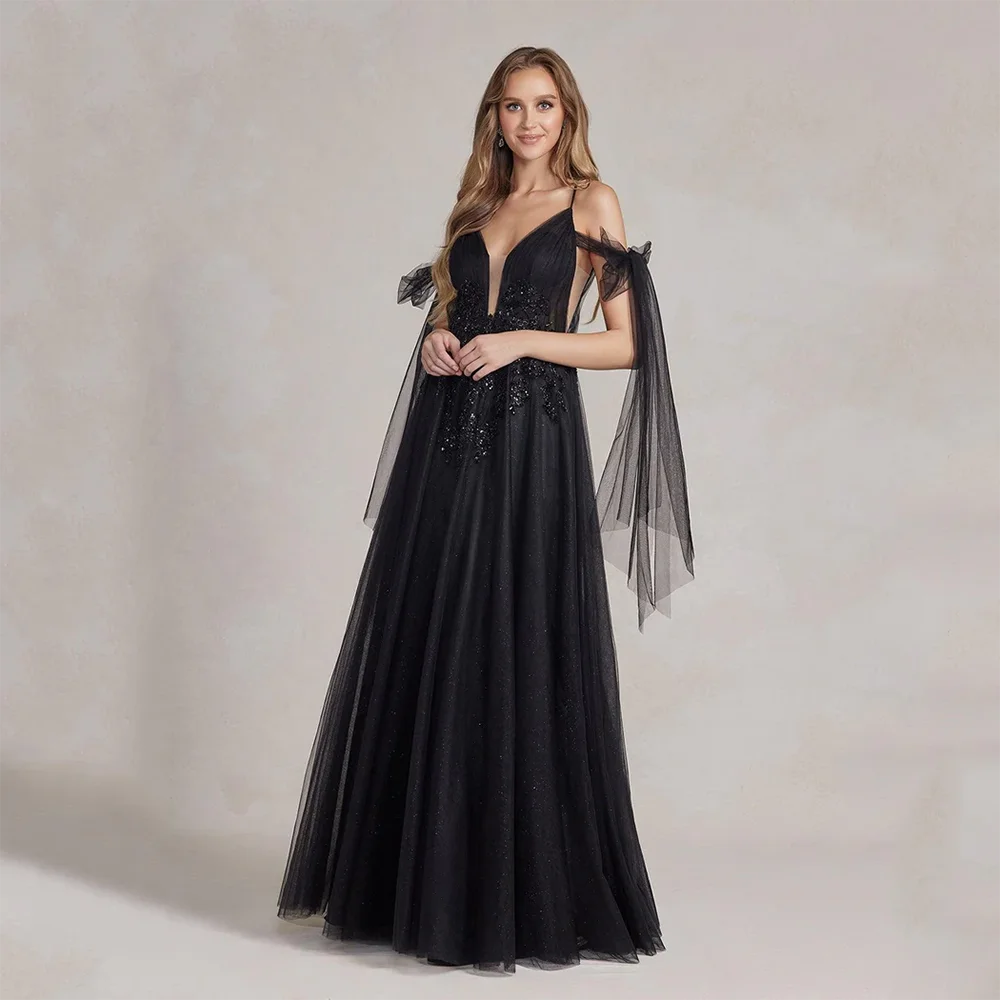 

Black Tulle Evening Dresses Spaghetti Strap Sleeveless Backless Formal Party Dress Sequined A-line Pleat Floor Lenght Prom Gwons