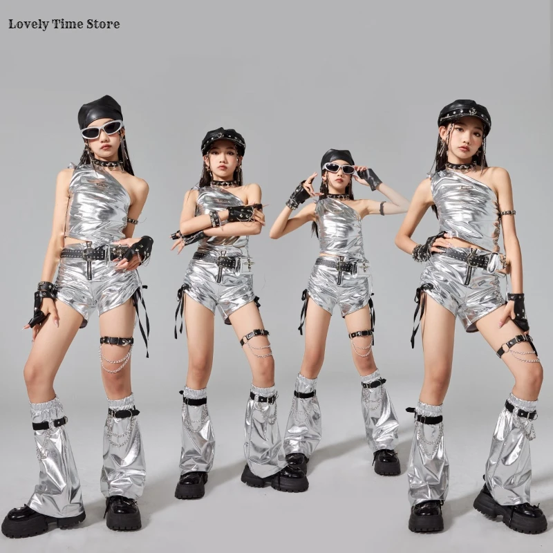 Girls Hip Hop Shiny Silver Crop Top Street Dance Skirt Sequin Shorts Kids K-pop Jazz Clothes Sets Children Girl Group Streetwear