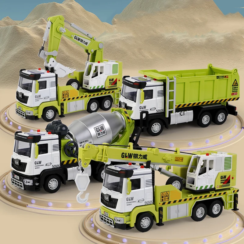 1:40 5 Styles Green Vehicle Pullback Light and Sound Diecast Crane Engineering Truck Construction Alloy Toys for Children Gifts