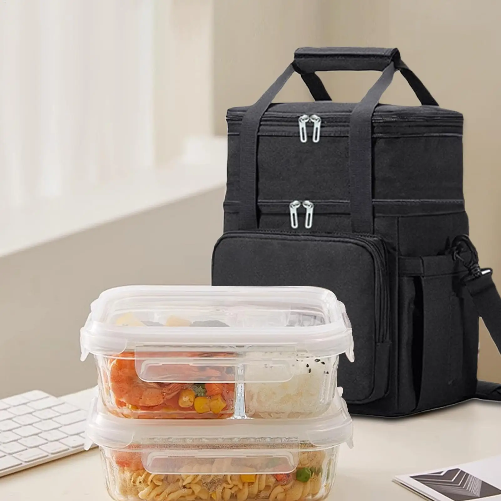 Lunch Bag Lunch Tote Bag Expandable Leakproof Insulated Shoulder Strap Double Deck Tote For Outdoor Picnic Work Men