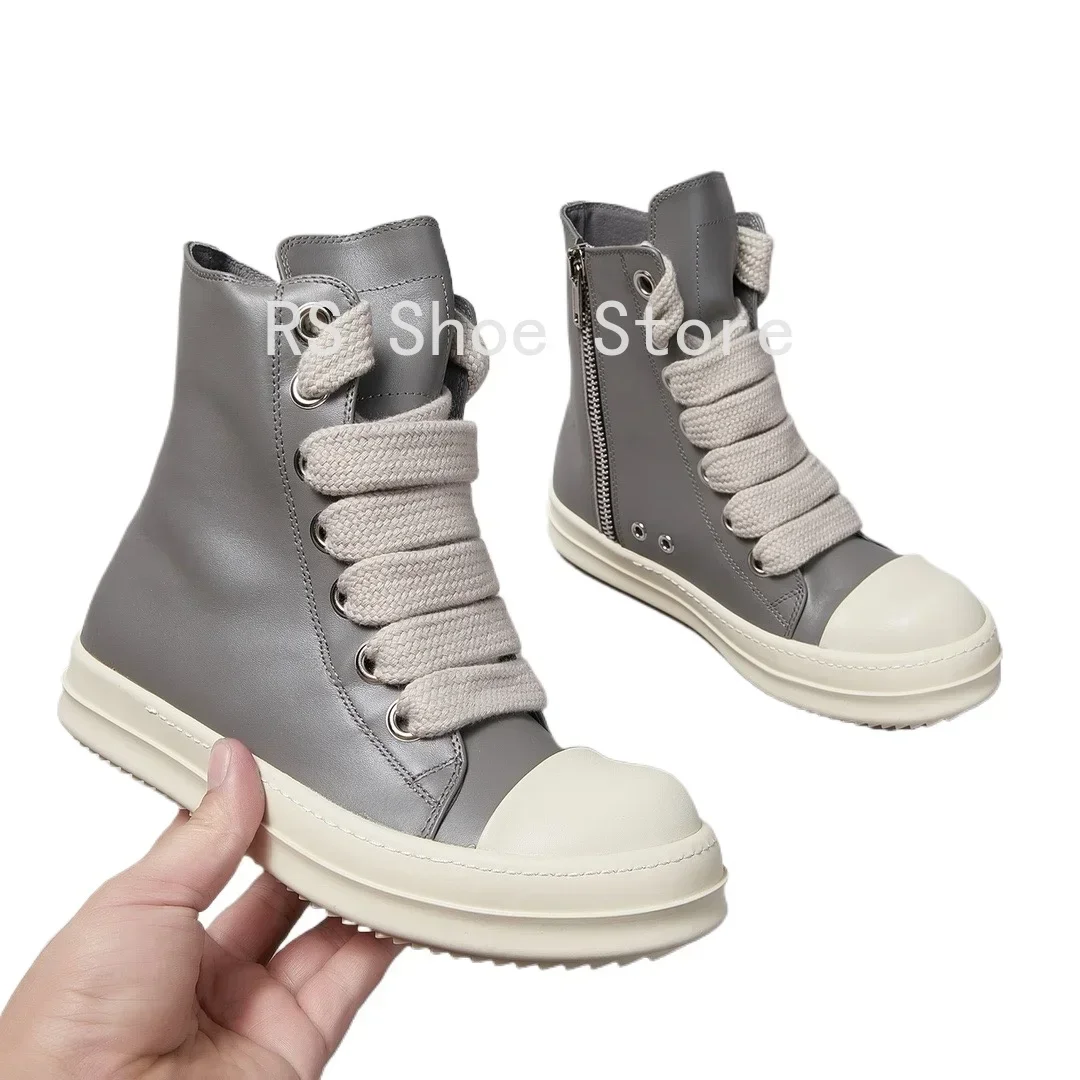 

Ro Men Sneaker Grey Leather High Top Shoe Jumbo Laces Ankle Boot Women Casual Shoes Zipper Gray Cowhide Boots Sneakers