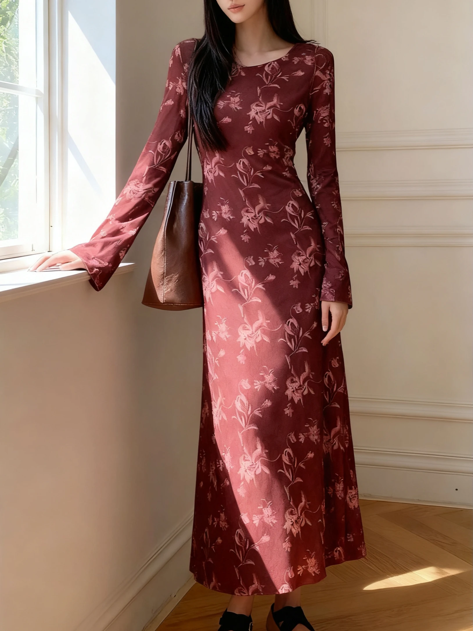 

Susu Home Autumn New Ele Printed Waist-Cinched Suede Dr Long Sve A-Line Casual Sle Polyester Fiber round Ne