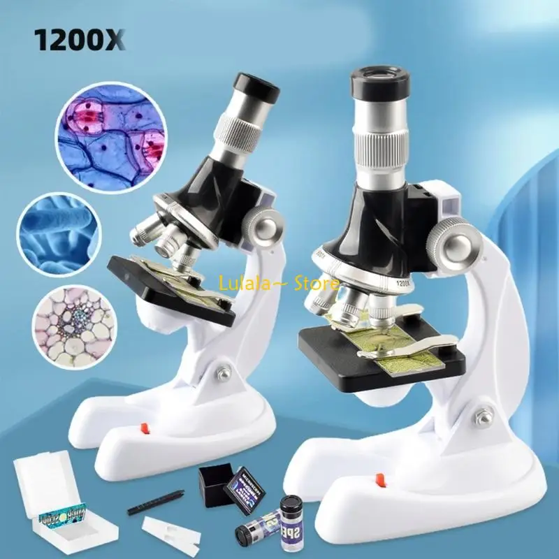 Y4QA New Microscope Set Lab LED 100/600/1200X Home School Educational Toy Gift