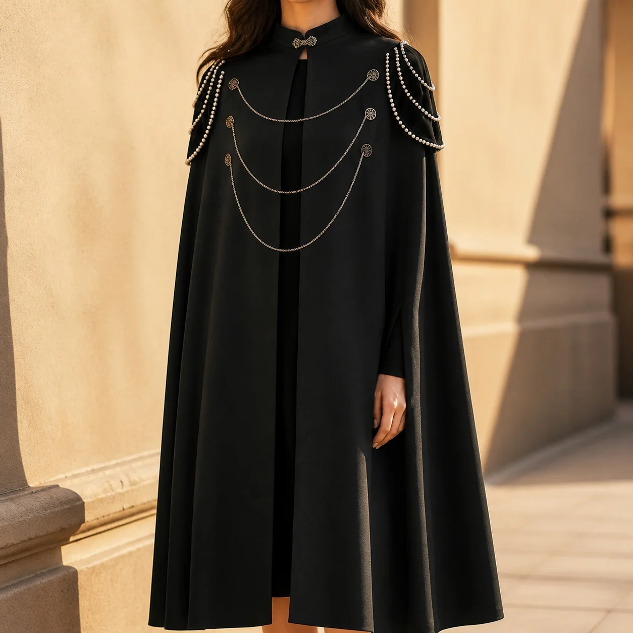 Women's Elegant Hooded Solid Color Cape Coat Top Dress with Pearl Trim Shoulder and Metal Chain Decoration for Women and Ladies