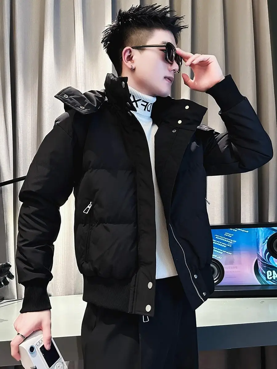 

Мужская зимняя утепленная куртка с капюшоном, белая, на пуху и хлопке, приталенная, теплая, молодежная, трендовая, стандартной длины