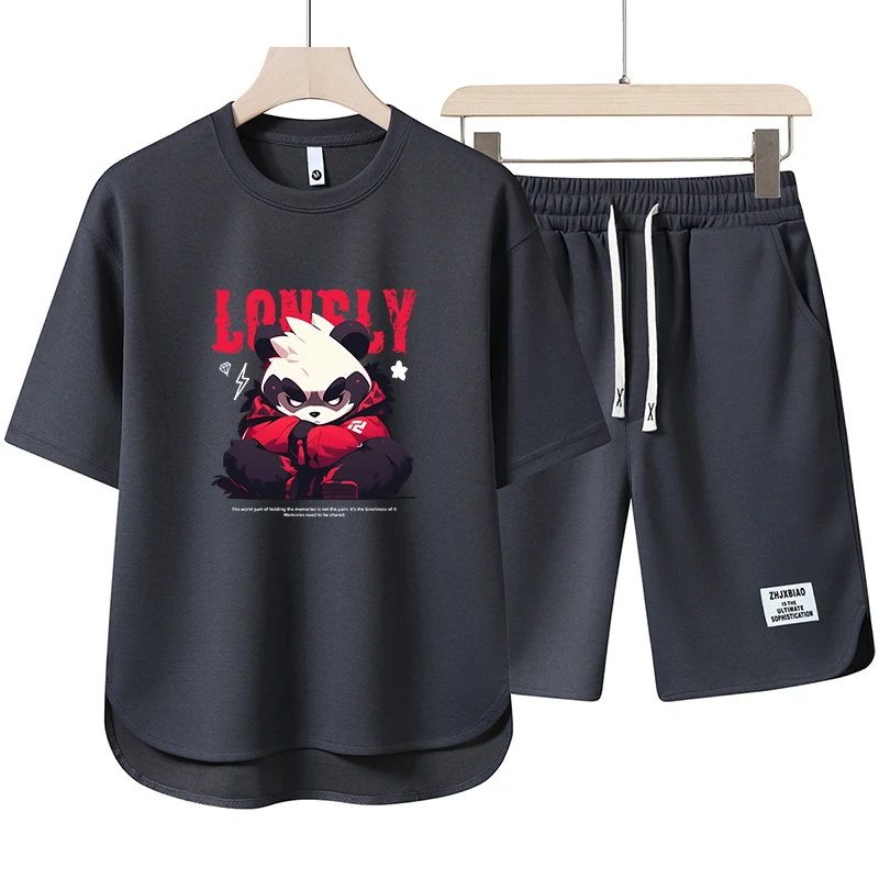 New Short Summer Men's Set Panda Cartoon Printed T-shirt and Shorts 2 Piece Set Fashionable Men's Clothing Outdoor Sports Suit