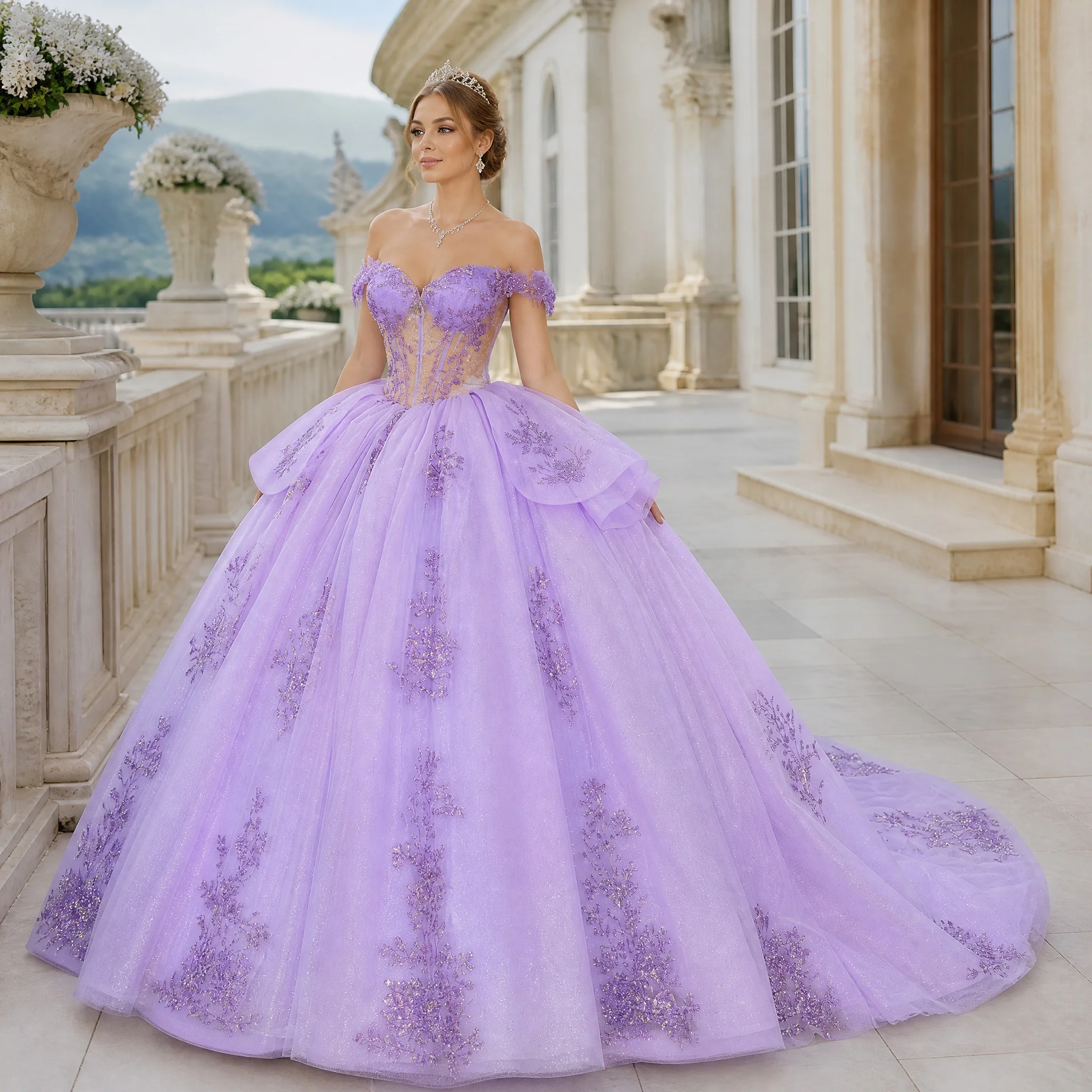 Quinceañera Dress Lavender Off the Shoulder Lace Applique Corset Princess Ball Gown Vestido de Quinceañera