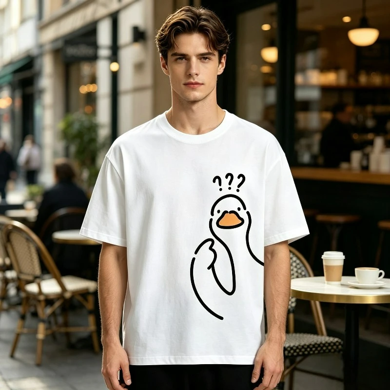 Duck Question Mark Print Men T-Shirt 100% Cotton Short Sleeve Cartoon Graphic Tee For Casual Street Coffee Shop Daily Wear
