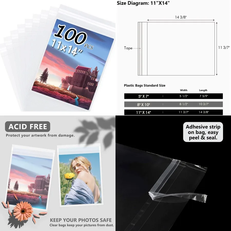 100 حزمة 11 3/7 × 14 3/8 بوصة كريستال صور الأكمام أكياس التخزين ل 11x14 صور حصيرة الأكمام الفنية للمطبوعات شفافة بروتي