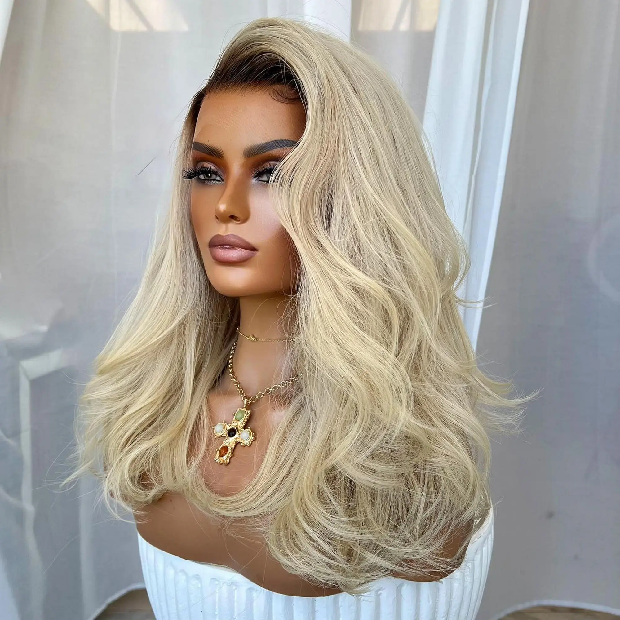 

Free Part Ombre Ash Blonde Synthetic HD Lace Front Wig Natural Dark Roots 180% Density Medium Length Body Wave Wig On Clearance
