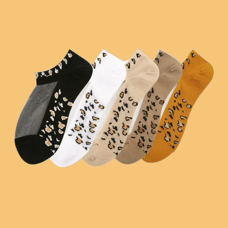 5 Pairs New High Quality Women's Cotton Socks Leopard Print Glass Silk Trendy Ladies' Socks Soled Transparent Breathable Socks