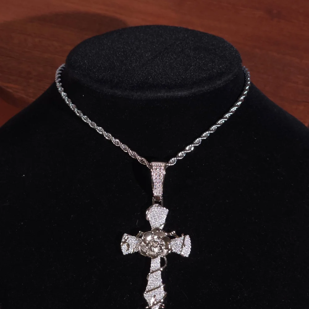 Icec cruz rosa zircônia cúbica pingente gelado cz hiphop charme personalidade colar combinando para rocker rapper moda presente