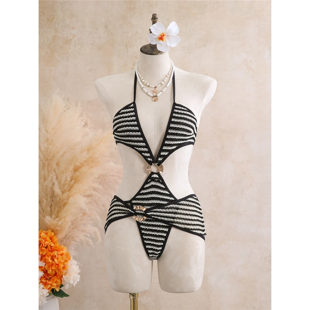 Mit Rock, gestreiftem Halterneck, V-Ausschnitt, Damen-Badeanzug, einteiliger Badeanzug, Damen-Monokini, hoher Beinausschnitt, Badebekleidung, Badeanzug, V8345. – Detail 5