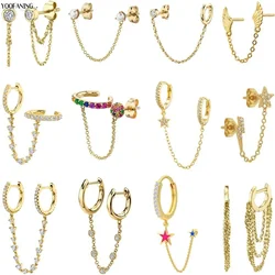 YUXINTOME 1PC 925 Sterling Silver Ear Needle Colorful Zircon Chain Tassel Hoop Earrings for Women Two Holes Earring Jewelry A45