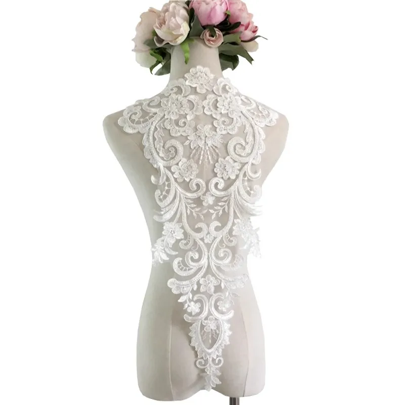 

Embroidered Beaded Lace Wedding Dress With Large Back Decal, Grand Front Chest Skirt With Adjustable Stickers