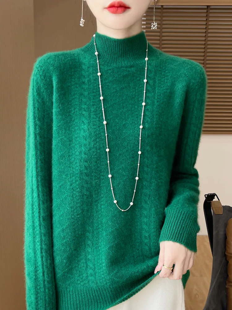 Women's Pullovers 100% Merino Wool Knitwear Contrast Color Semi-High Neck New Arrivals  Twist Flower Slim Fit Bottoming Sweater