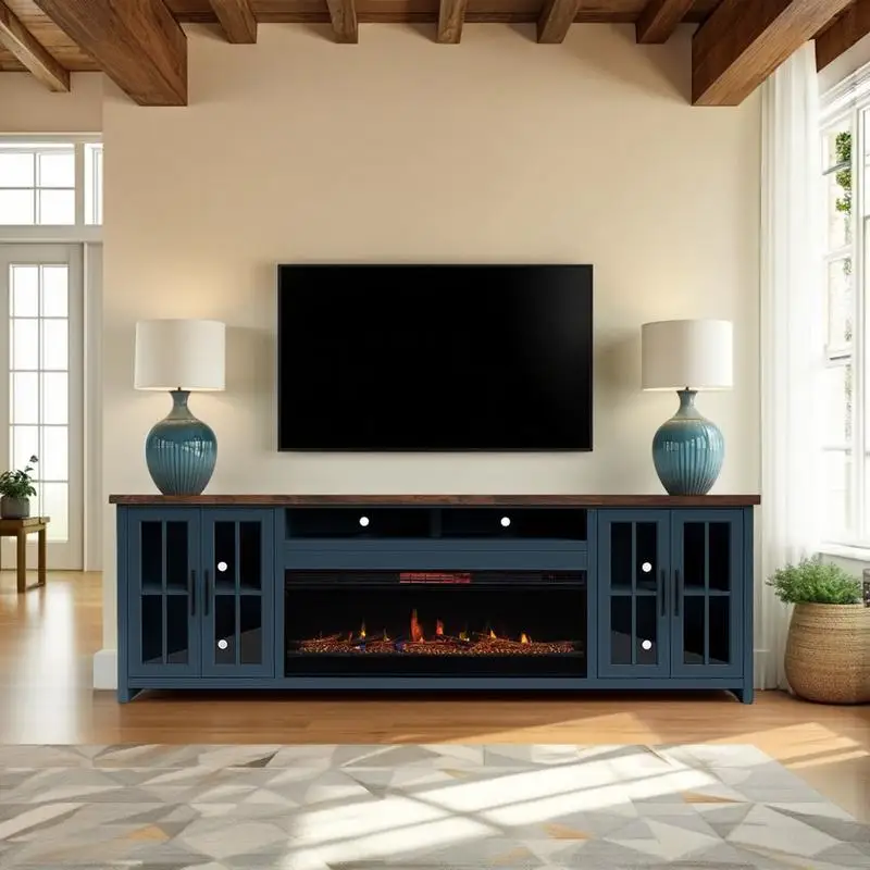 

97" Fireplace TV Stand Console for TVs up to 100", Easy Assembly, Blue Denim & Whiskey Finish, Modern Design, Sturdy & Stylish