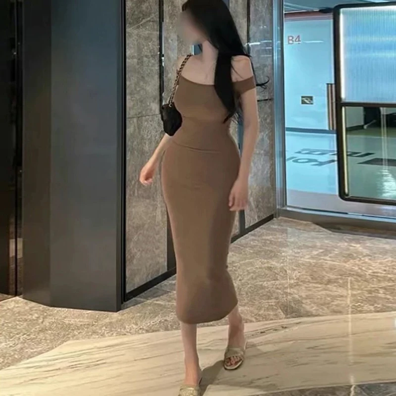 Sexy Women's Dress Dongda Gate One Shoulder Tight Bodycon mid Length Skirt High Waist No Sleeve Wrap around Gown Long Dress