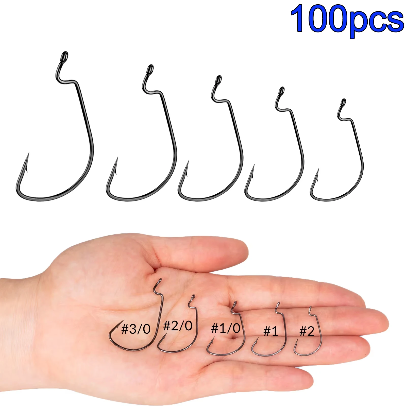 

100 шт. широких офсетных рыболовных крючков из углеродистой стали # 2 # 1 # Крючки с широким изгибом и зазубринами 1/0, 2/0, 3/0 для мягких приманок, для ловли баса и карпа