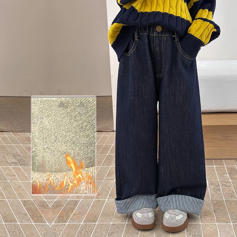 

UNITIM Kids Baby Girls Jeans New Winter Striped Plus Fleece Toddler Girls Demin Pant Korean Infant Girls Wide Leg Pant