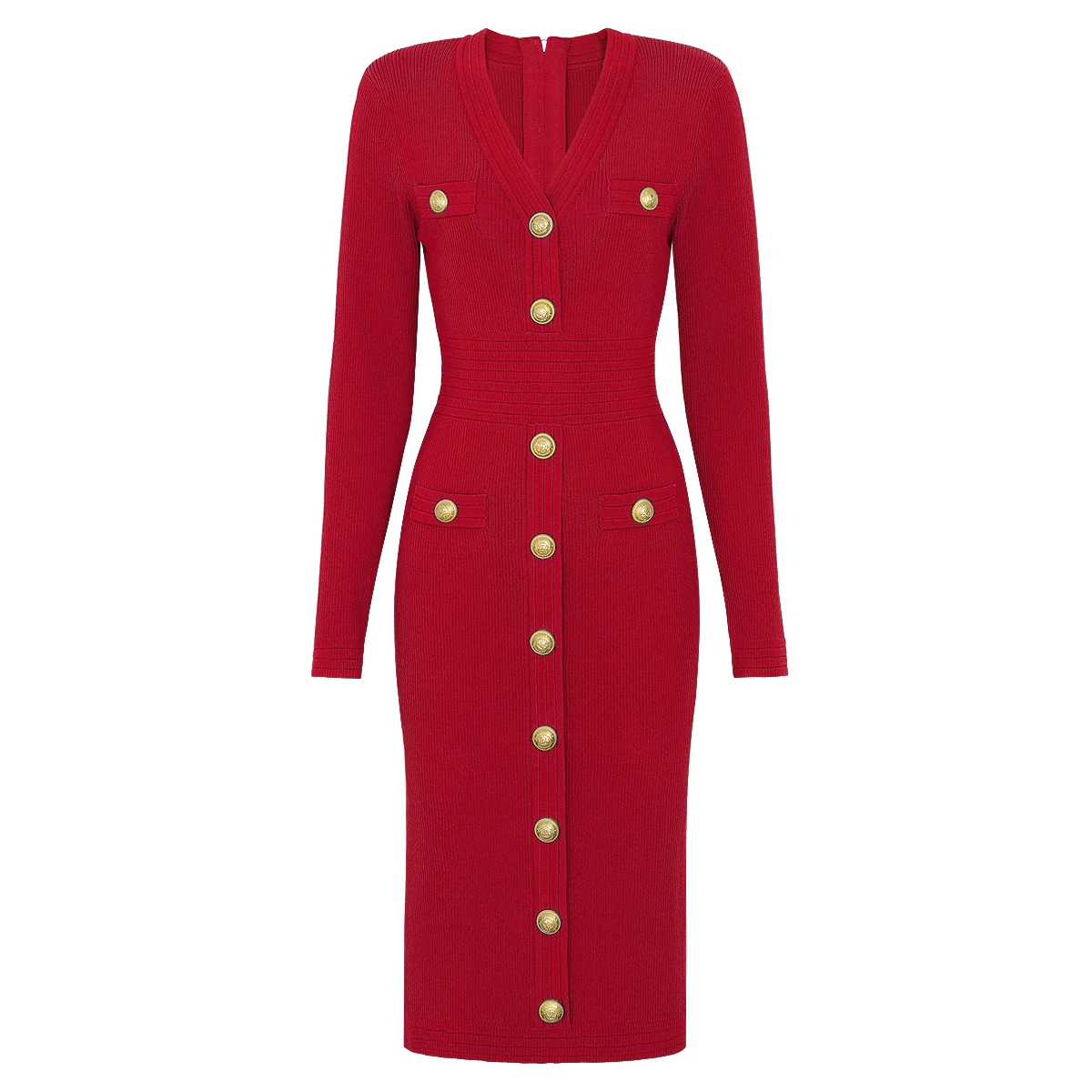 26165 Hochwertiges Sommer- und Herbstkleid, modisch, gestrickt, klassischer V-Ausschnitt, schmal geschnitten, langärmlig, Damen-Freizeitkleid