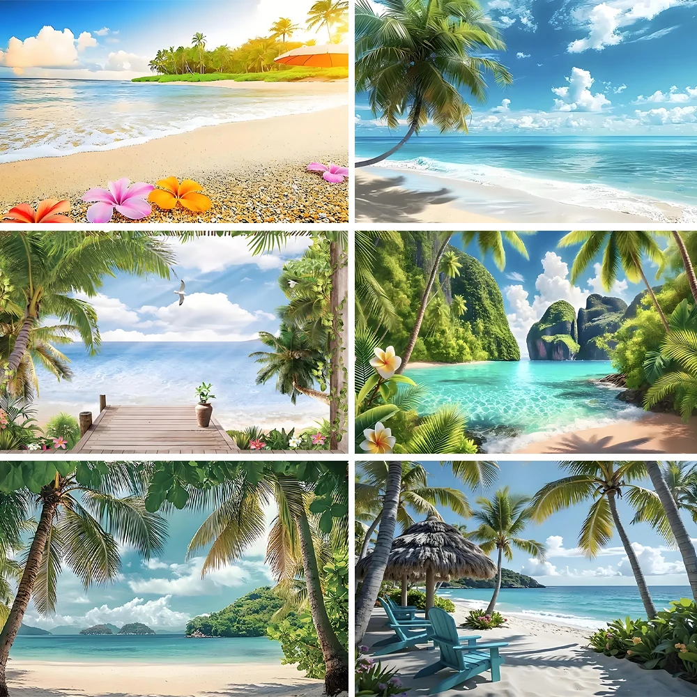 

Summer Seaside Beach Party Backdrops Palm Tree Sky Sunrise Sea Wave Background Hawaii Travel Decor Photography Props Supplies