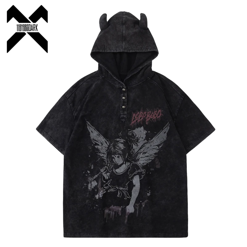 

Streetwear Vintage Washed Hooded T-Shirt Men's Summer Graphic Print Bull Horn Oversized Tee Fashion Distressed Cotton Tops