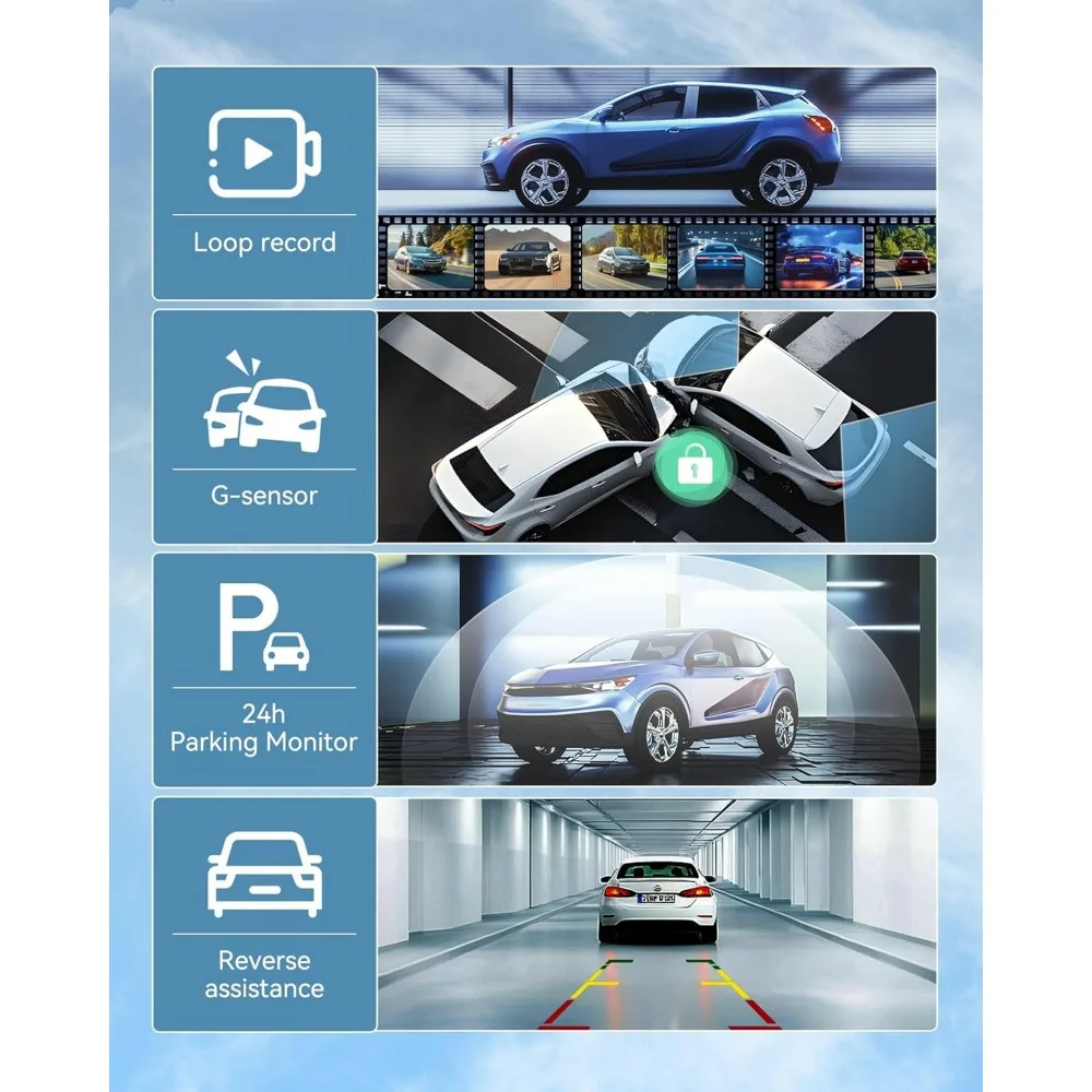 كاميرا مرآة الرؤية الخلفية مقاس 12 بوصة مع CarPlay Andorid Auto، كاميرا احتياطية أمامية وخلفية بدقة 4K مع مساعدة/حلقة R عكسية