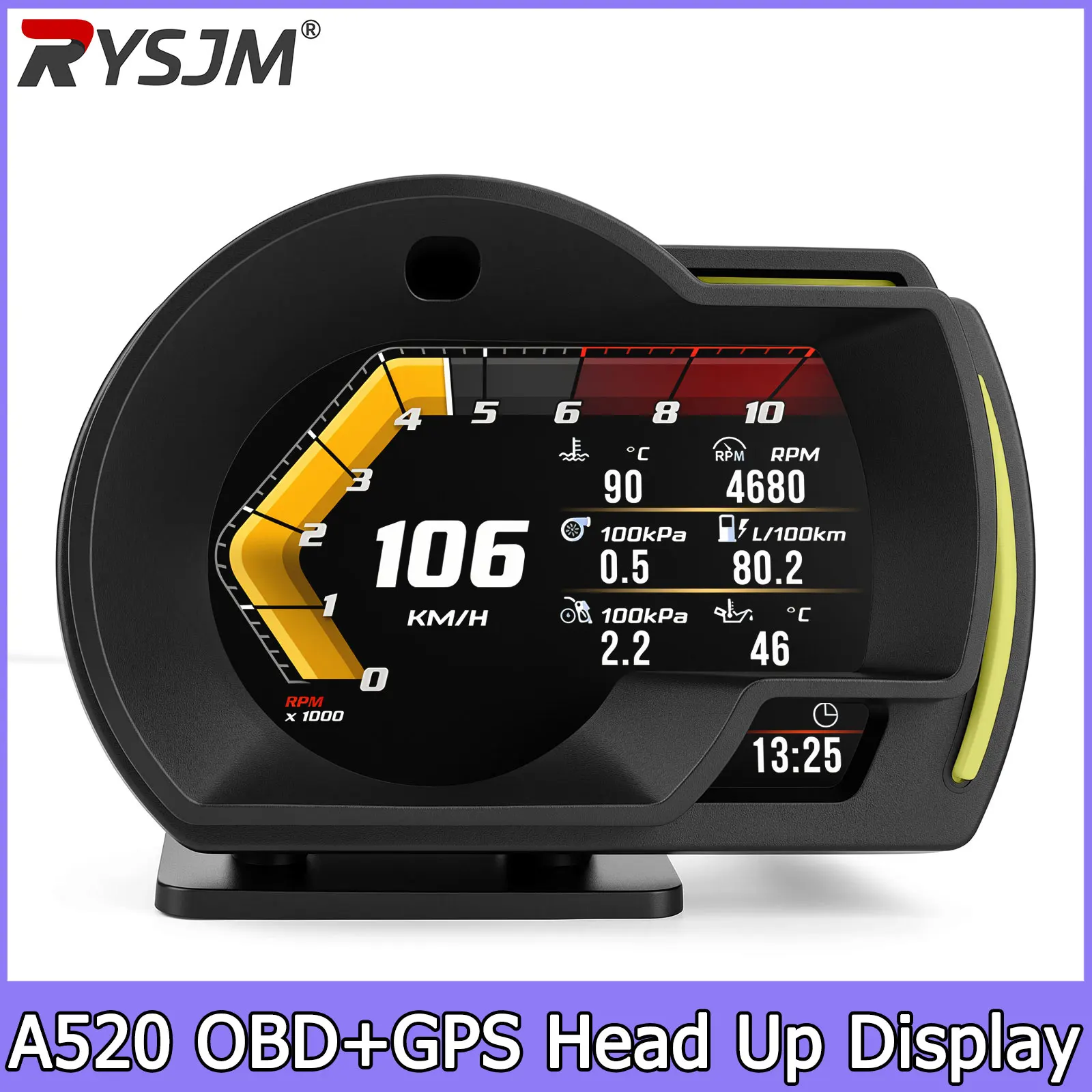 Car HUD Head Up Display A520 OBD2+GPS Dual Mode Gesture Sensing RGB Ambient Light Speed Fuel Water Temp RPM Alarm
