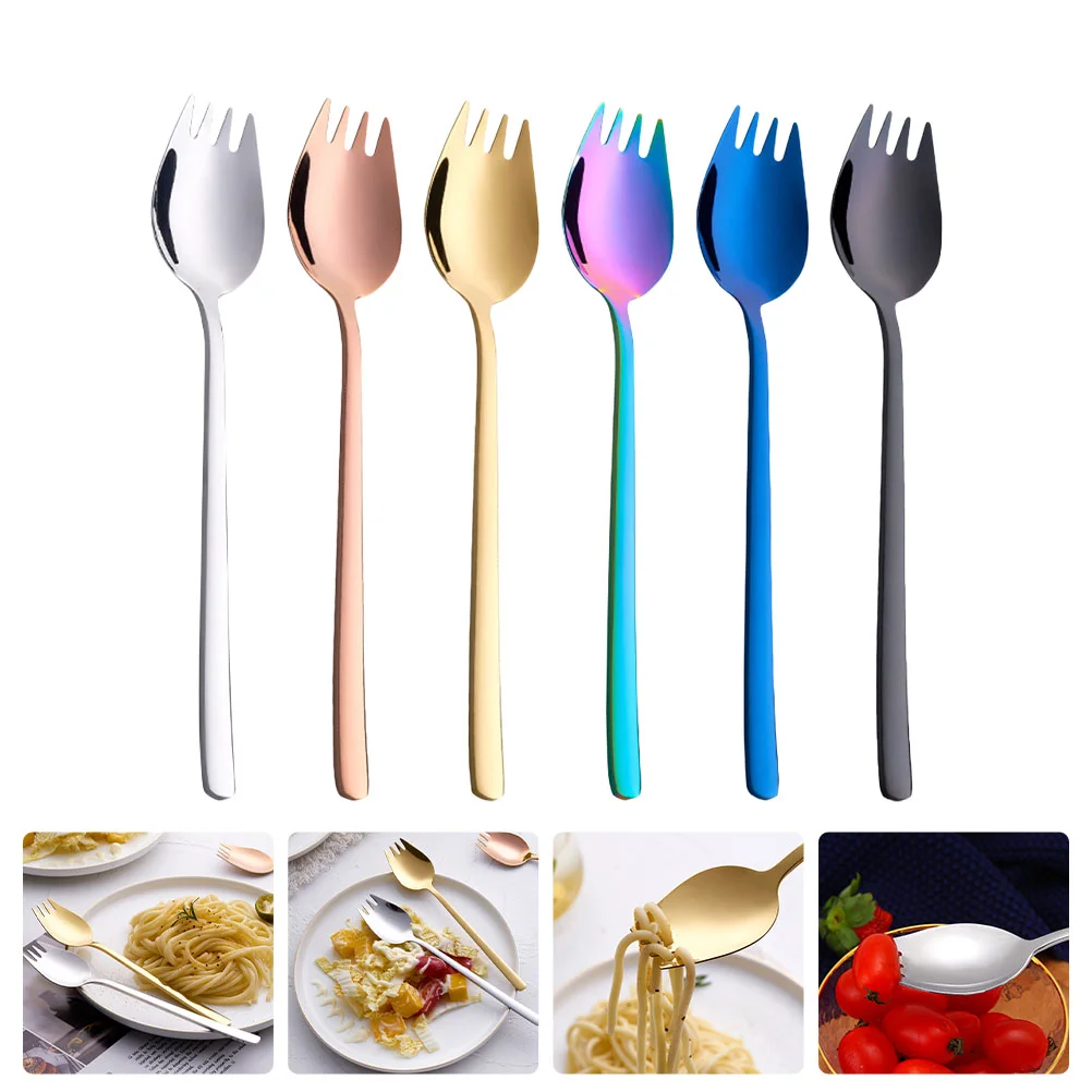 

6 Pcs Stainless Steel Fork Spoon Flatware Snacks Forks Fruit Noodle Dual Purpose 304 Portable Salad Spoons Travel