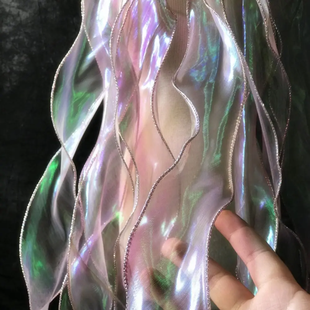 1M Mermaid Silver Silk Water Wave Ruffles Transparent Laser Gradient Lace Handmade Illusion Waves Fabric Designer Accessories