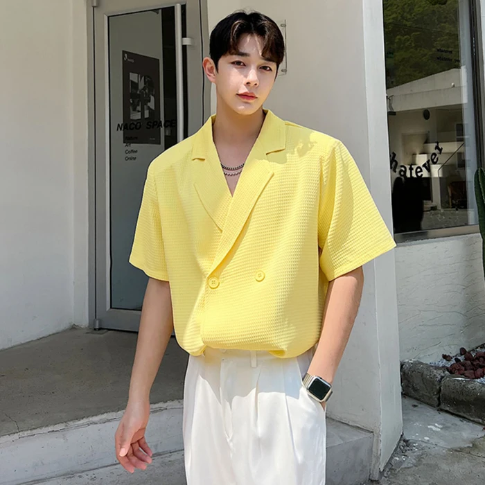 

Summer Men's Yellow ort Sve Suit Collar irt St Faionable Casual High-End Feeling Top Loose Fit Youth ular