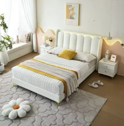 

！@Kid Leather Cream Style Simple 1.5-Meter Single or Double Bed for Boys and Girls Twin Size Kids Bed