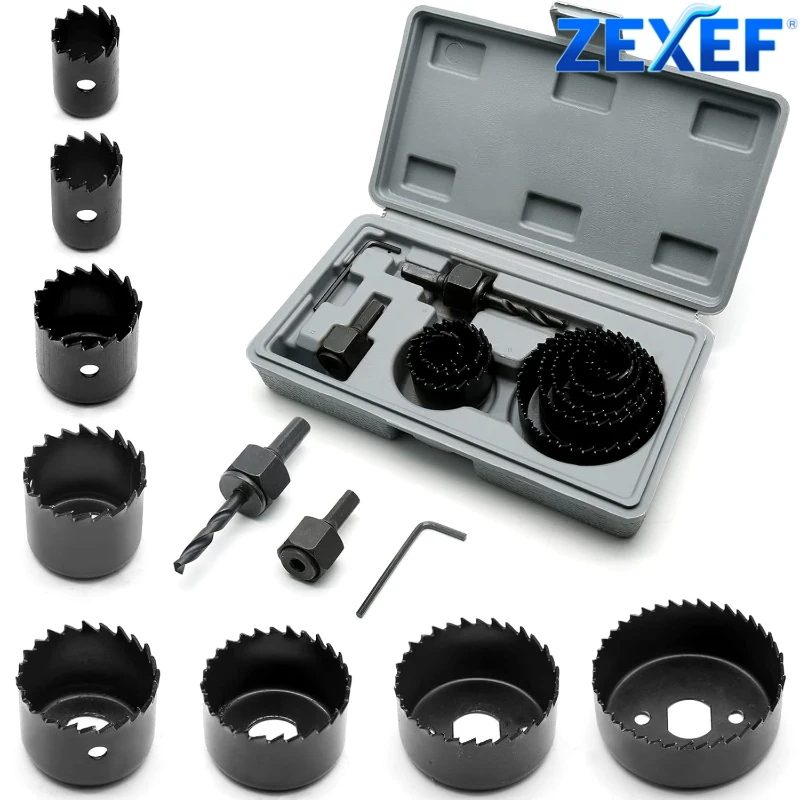 Zexef 11 peças kit de serra de buraco durável aço carbono círculo de metal cortador de furo para madeira pvc e plástico 19mm-64mm