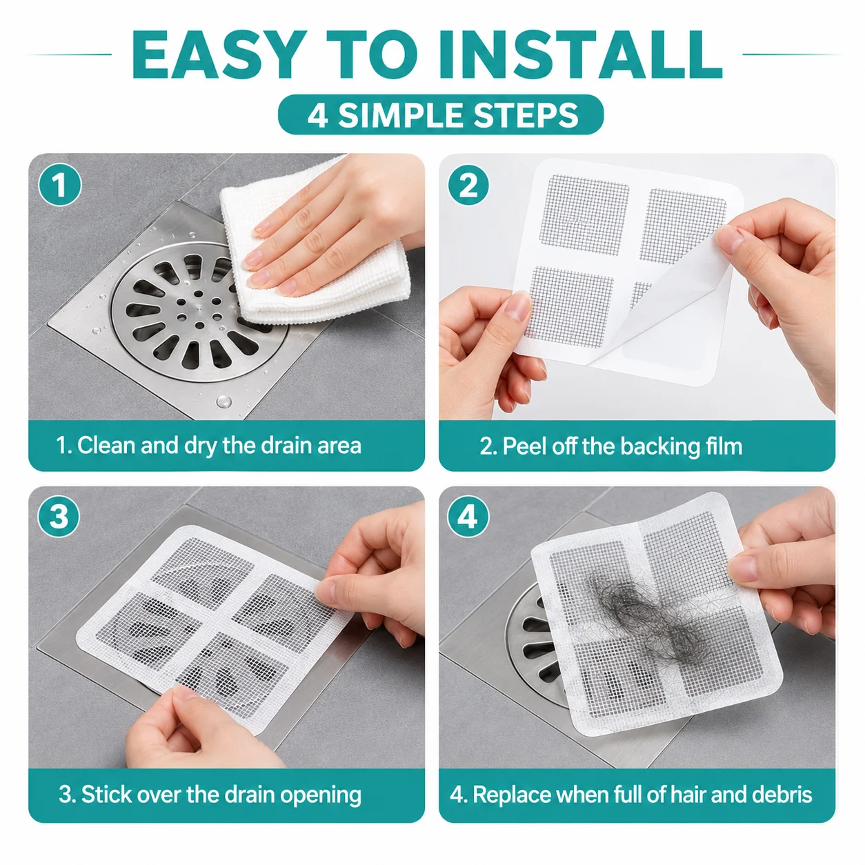 10PCS Disposable Floor Drain Stickers Hair Catcher Mesh Filter Sticker Strong Adhesive Cuttable Sink Drain Cover Anti-Clog Hair