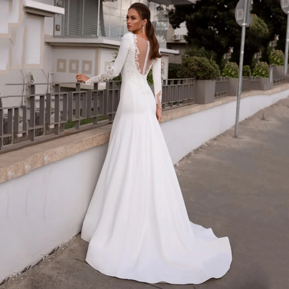 Vestido de novia elegante transparente con escote en V profundo, sirena, mangas largas, Apliques de encaje, vestido de novia moderno, ilusión, tren sin espalda personalizado