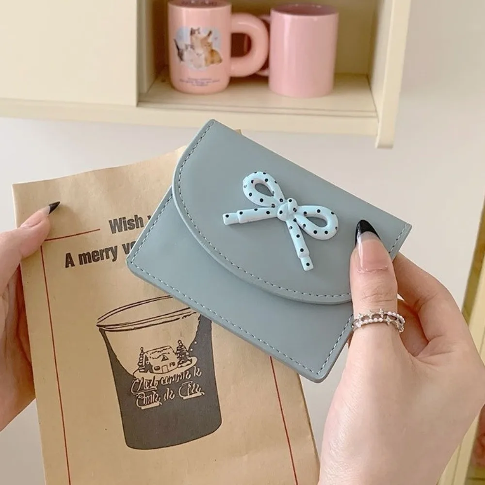 INS Casual PU Leather Short Wallet Large Capacity Portable Cash Bag Bowknot Dopamine Color Card Holders Female Girl
