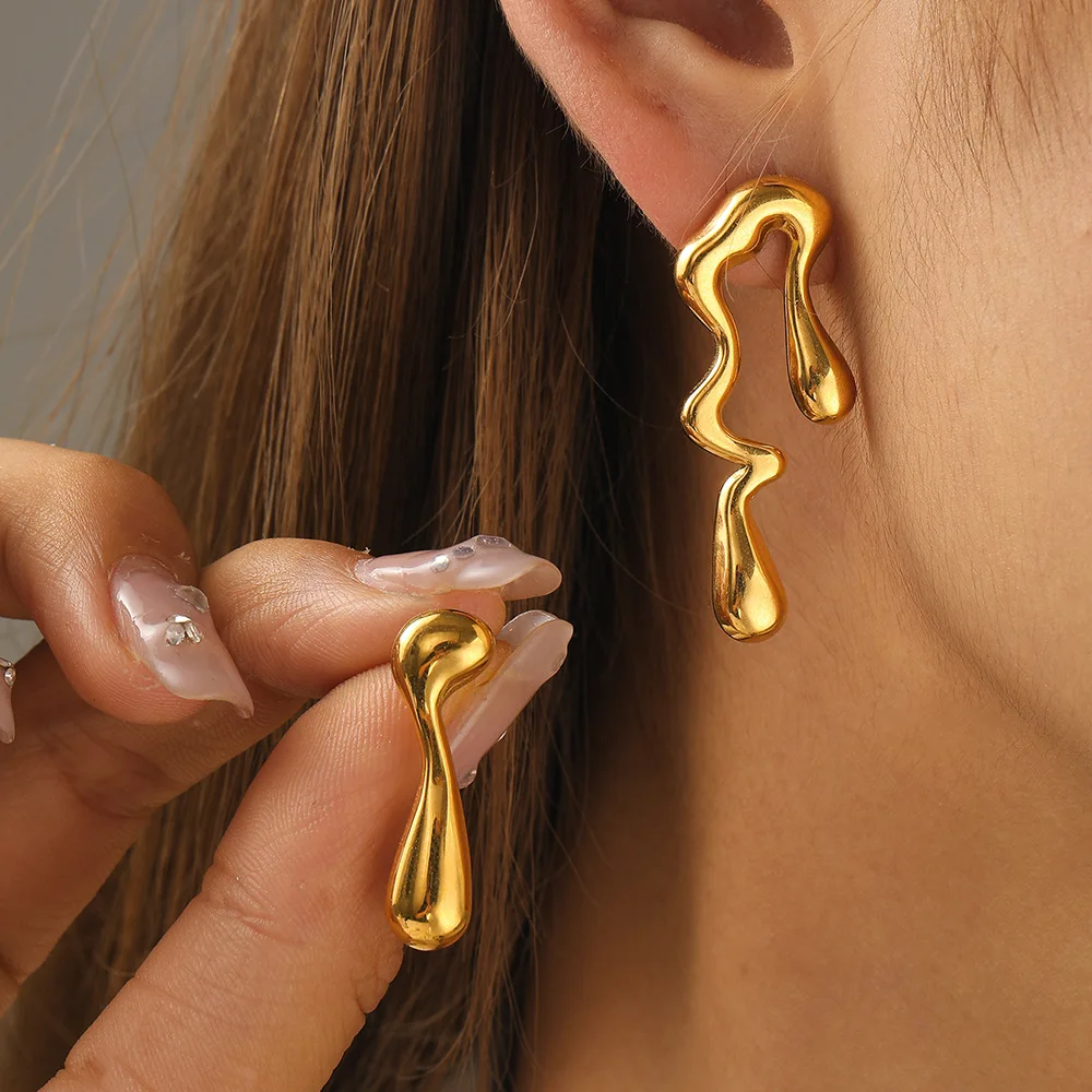316 Stainless Steel Asymmetrical Wave Teardrop Fluid Stud Earrings Gold Silver Abstract Liquid Long Slimming Daily Jewelry