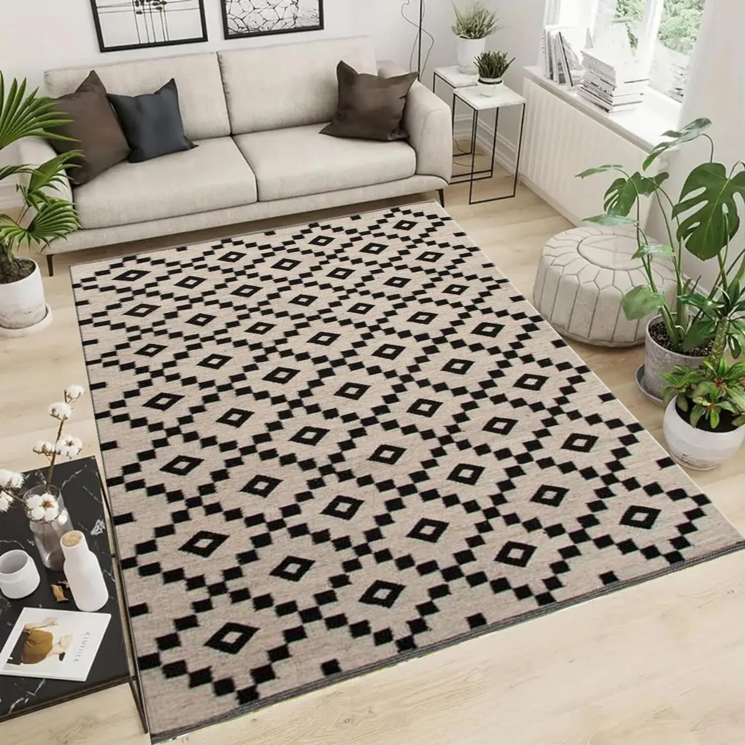 Geometric Black White Arrow Tribal Area Rug for Entryway Washable Carpet with Diamond Pattern Durable Floor Mat Cover